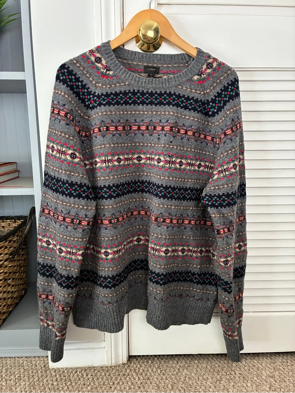 J.Crew Men’s Gray 100% Lambs Wool Fair Isle Knit Sweater Outdoors Cozy Size XL